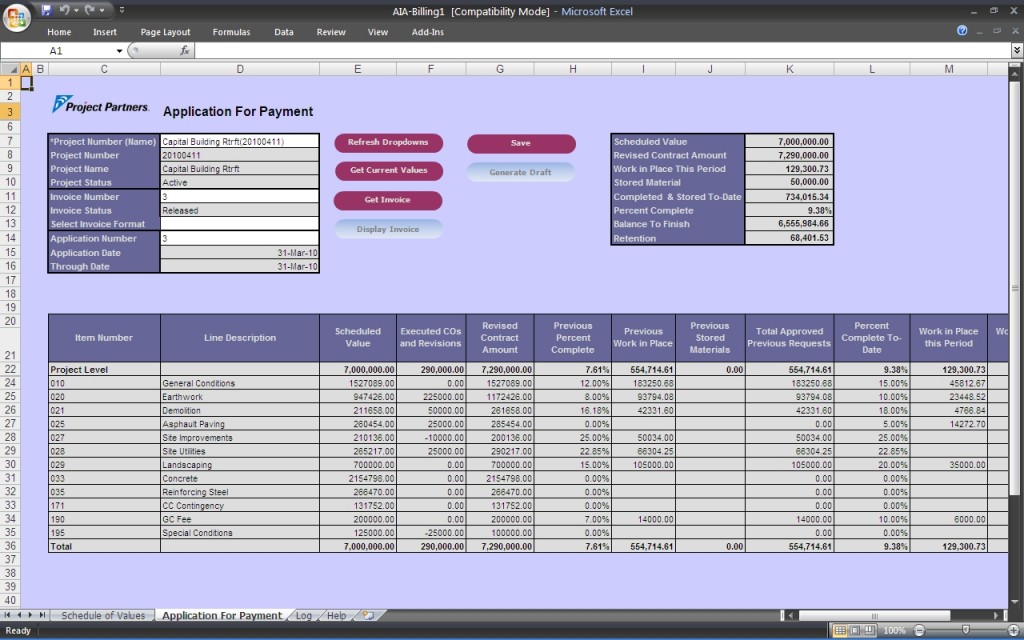 Application for Payment Spreadsheet in Project Partners Construction Contract Billing