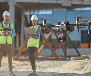 Construction Workers flying drone technology on job site
