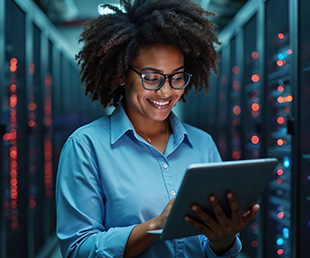 Woman looking at tablet in server room
