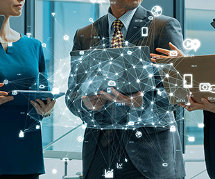 People surrounding suspended cloud technology graphic
